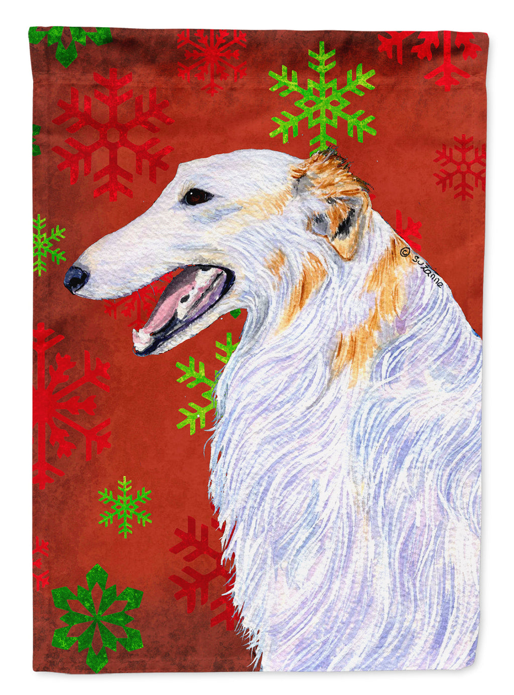 Borzoi Red and Green Snowflakes Holiday Christmas House Flag 28x40 Porch Sleeve Pole Decorative Outside Yard Banner Artwork Wall Hanging, Polyester