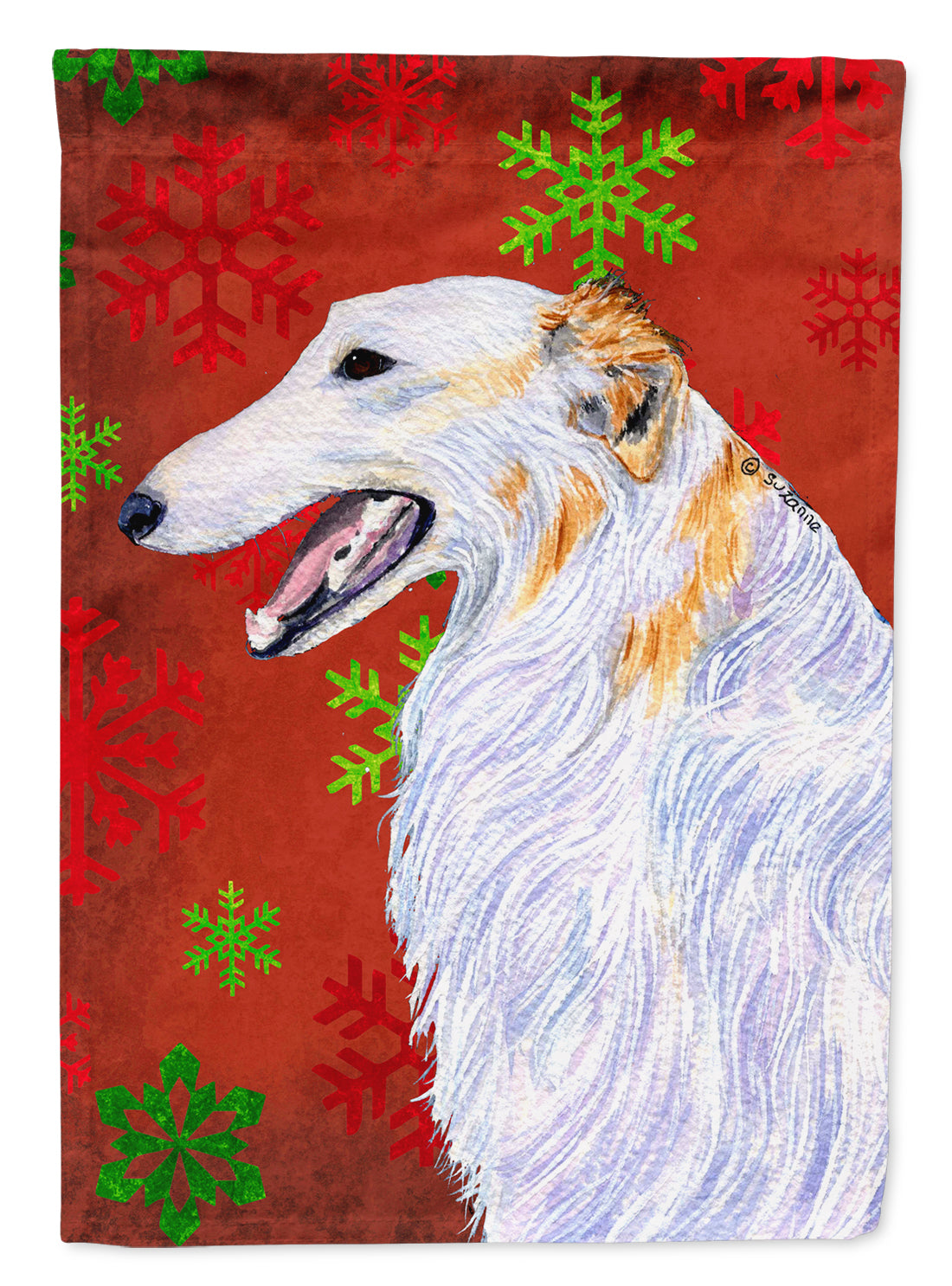 Borzoi Red and Green Snowflakes Holiday Christmas House Flag 28x40 Porch Sleeve Pole Decorative Outside Yard Banner Artwork Wall Hanging, Polyester
