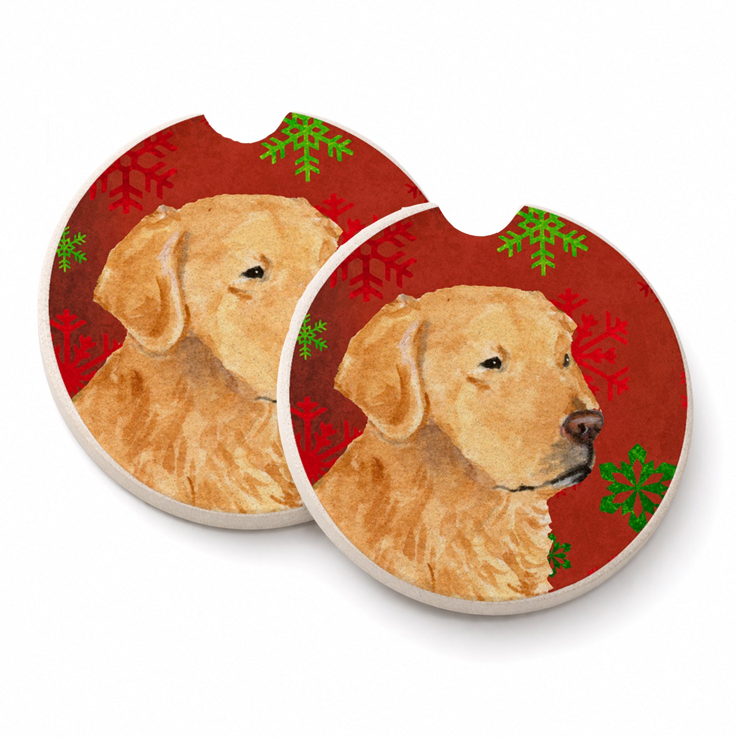 Golden Retriever Red Green Snowflake Holiday Christmas Set of 2 Cup Holder Car Coasters Absorbent Round Sandstone Coasters Gifts for Men or Women, 2.5, Multicolor