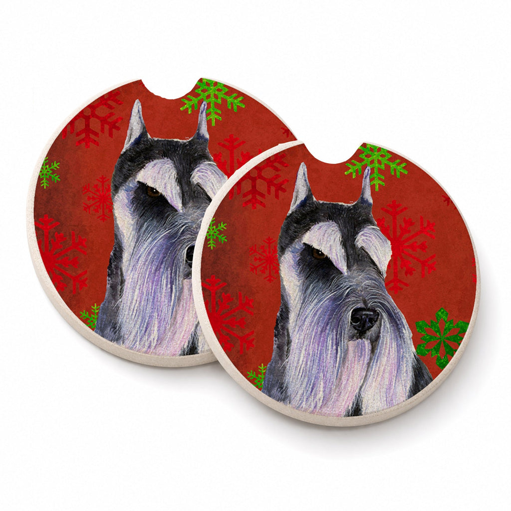 Schnauzer Red and Green Snowflakes Holiday Christmas Set of 2 Cup Holder Car Coasters Absorbent Round Sandstone Coasters Gifts for Men or Women, 2.5, Multicolor