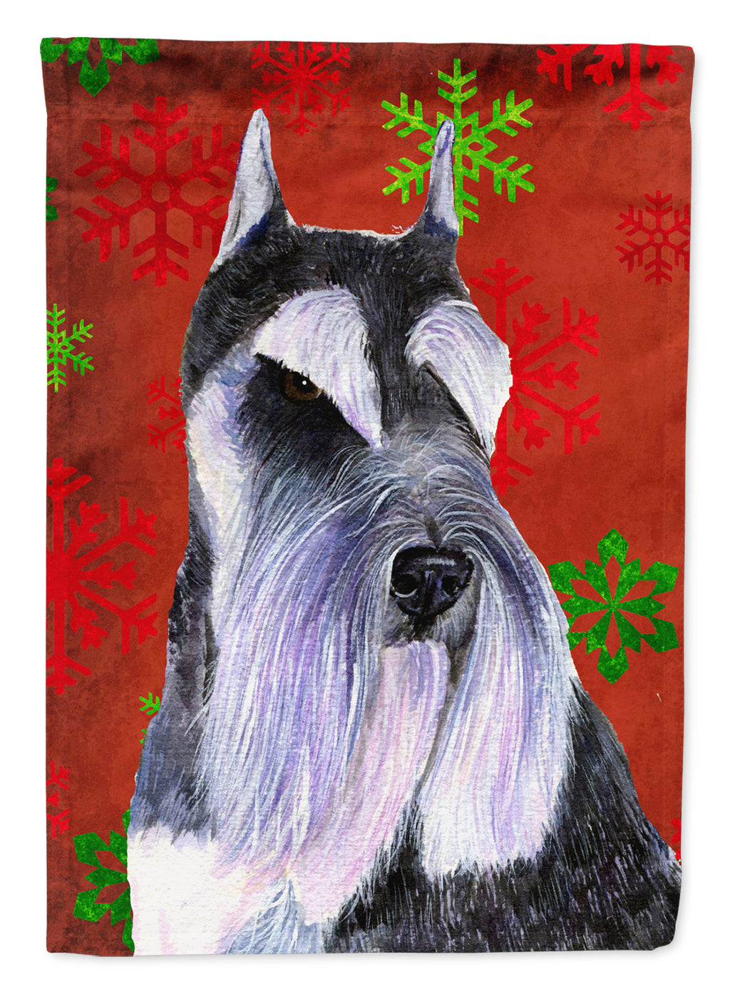 Schnauzer Red and Green Snowflakes Holiday Christmas House Flag 28x40 Porch Sleeve Pole Decorative Outside Yard Banner Artwork Wall Hanging, Polyester