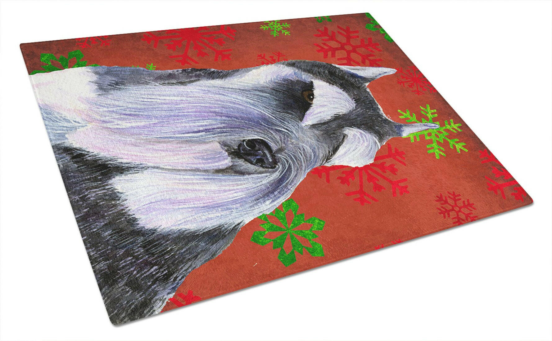 Schnauzer Red and Green Snowflakes Holiday Christmas Cutting Board Tempered Glass Kitchen Cutting Surface, Heat Resistant Chopping, Non-Slip Feet, Food Prep & Serving