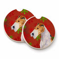 Fox Terrier Red and Green Snowflakes Holiday Christmas Set of 2 Cup Holder Car Coasters Absorbent Round Sandstone Coasters Gifts for Men or Women, 2.5, Multicolor