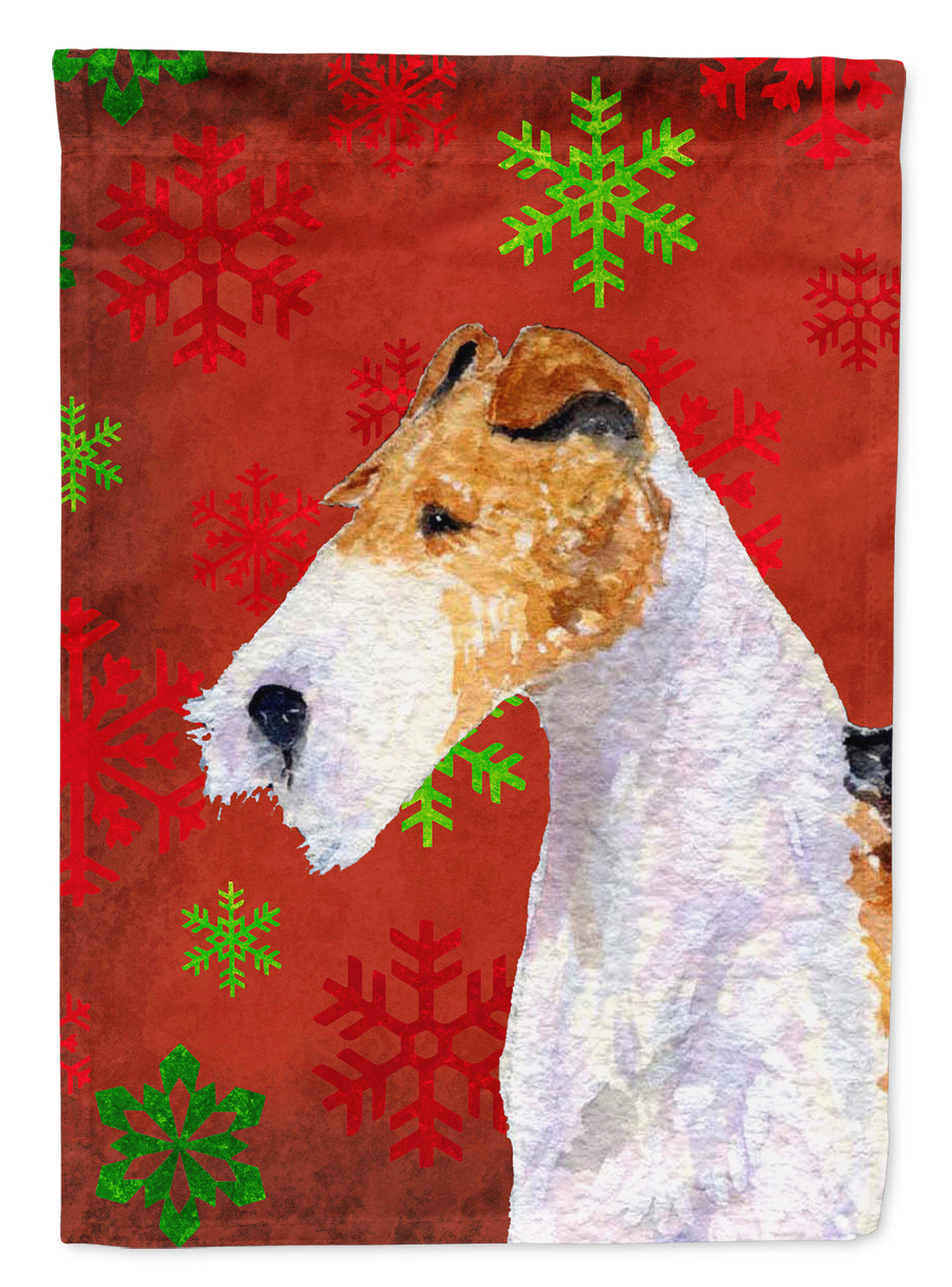 Fox Terrier Red and Green Snowflakes Holiday Christmas House Flag 28x40 Porch Sleeve Pole Decorative Outside Yard Banner Artwork Wall Hanging, Polyester