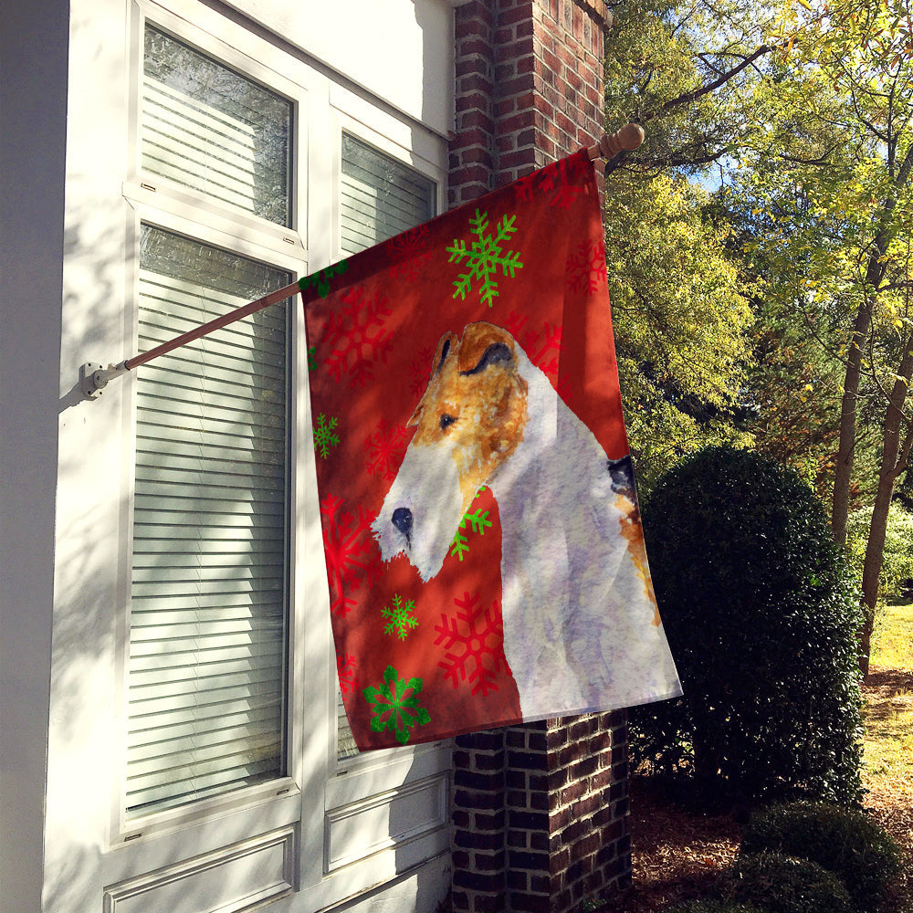 Fox Terrier Red and Green Snowflakes Holiday Christmas House Flag 28x40 Porch Sleeve Pole Decorative Outside Yard Banner Artwork Wall Hanging, Polyester