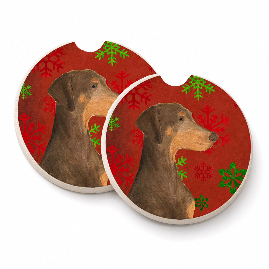 Doberman Red and Green Snowflakes Holiday Christmas Set of 2 Cup Holder Car Coasters Absorbent Round Sandstone Coasters Gifts for Men or Women, 2.5, Multicolor