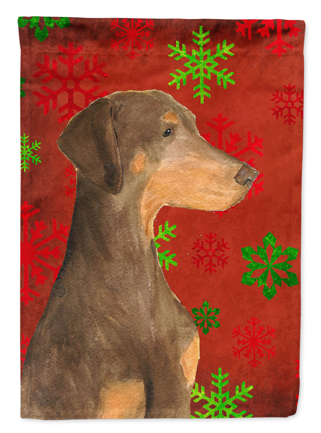 Doberman Red and Green Snowflakes Holiday Christmas House Flag 28x40 Porch Sleeve Pole Decorative Outside Yard Banner Artwork Wall Hanging, Polyester