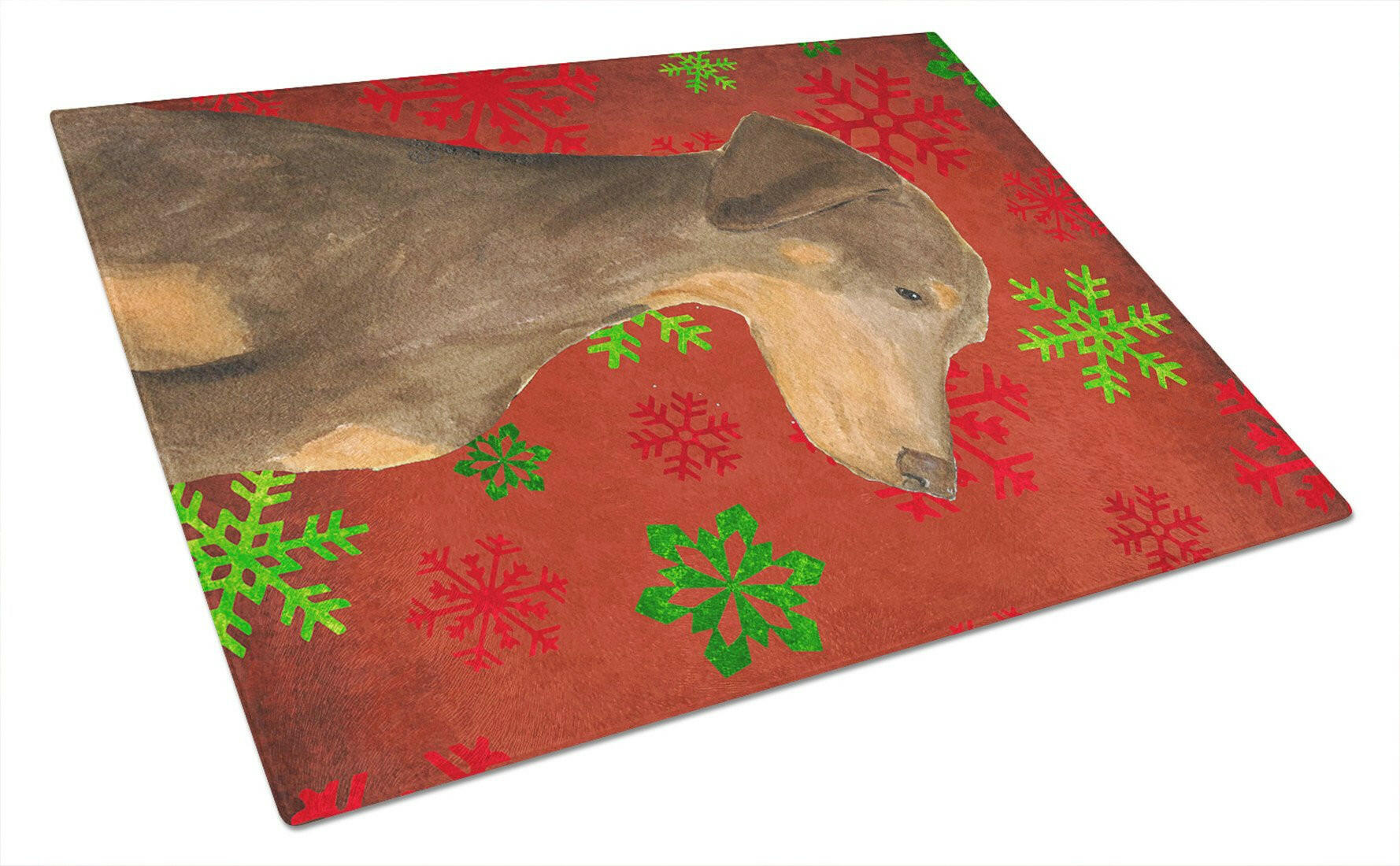 Doberman Red and Green Snowflakes Holiday Christmas Cutting Board Tempered Glass Kitchen Cutting Surface, Heat Resistant Chopping, Non-Slip Feet, Food Prep & Serving