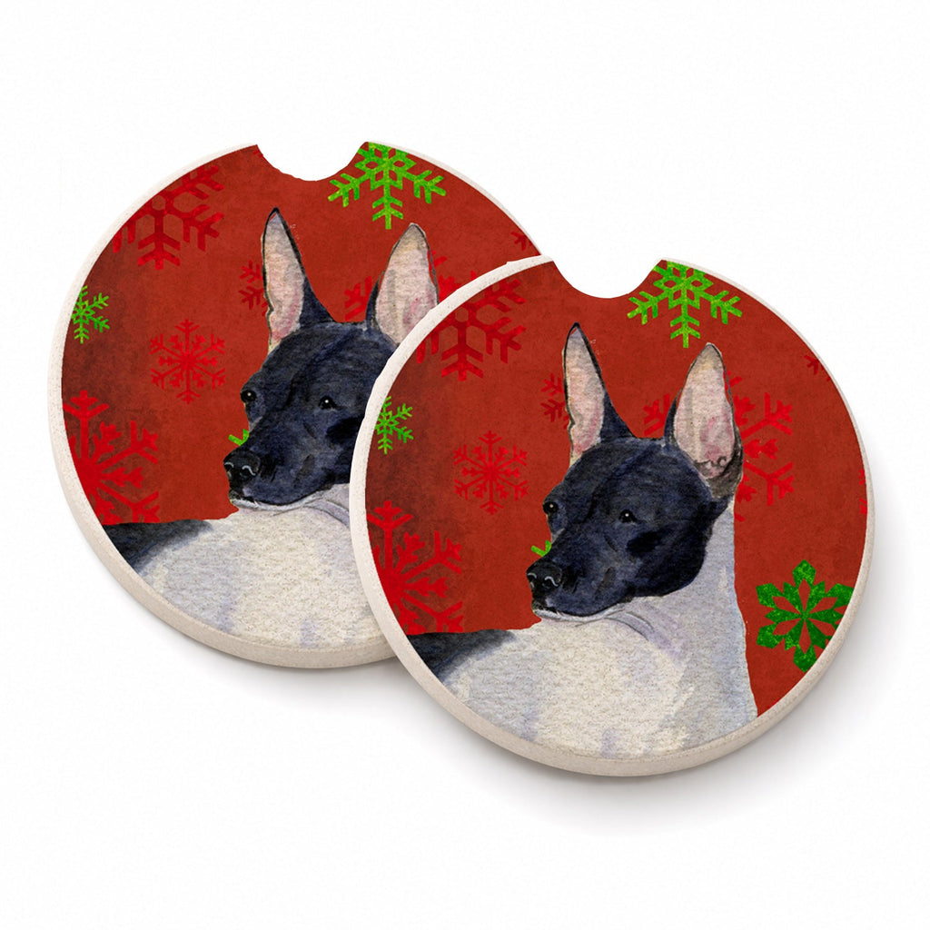 Rat Terrier Red and Green Snowflakes Holiday Christmas Set of 2 Cup Holder Car Coasters Absorbent Round Sandstone Coasters Gifts for Men or Women, 2.5, Multicolor