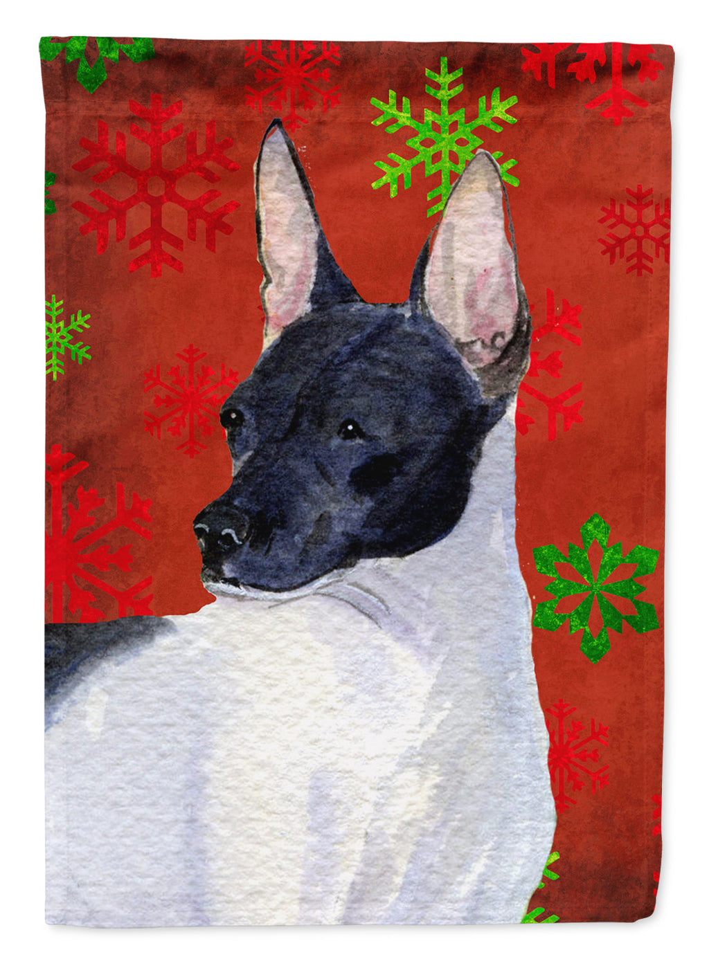Rat Terrier Red and Green Snowflakes Holiday Christmas House Flag 28x40 Porch Sleeve Pole Decorative Outside Yard Banner Artwork Wall Hanging, Polyester
