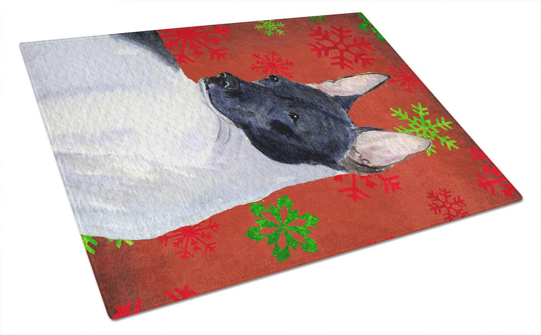 Rat Terrier Red and Green Snowflakes Holiday Christmas Cutting Board Tempered Glass Kitchen Cutting Surface, Heat Resistant Chopping, Non-Slip Feet, Food Prep & Serving