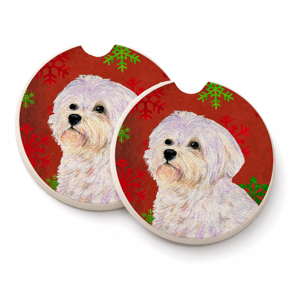 Maltese Red and Green Snowflakes Holiday Christmas Set of 2 Cup Holder Car Coasters Absorbent Round Sandstone Coasters Gifts for Men or Women, 2.5, Multicolor