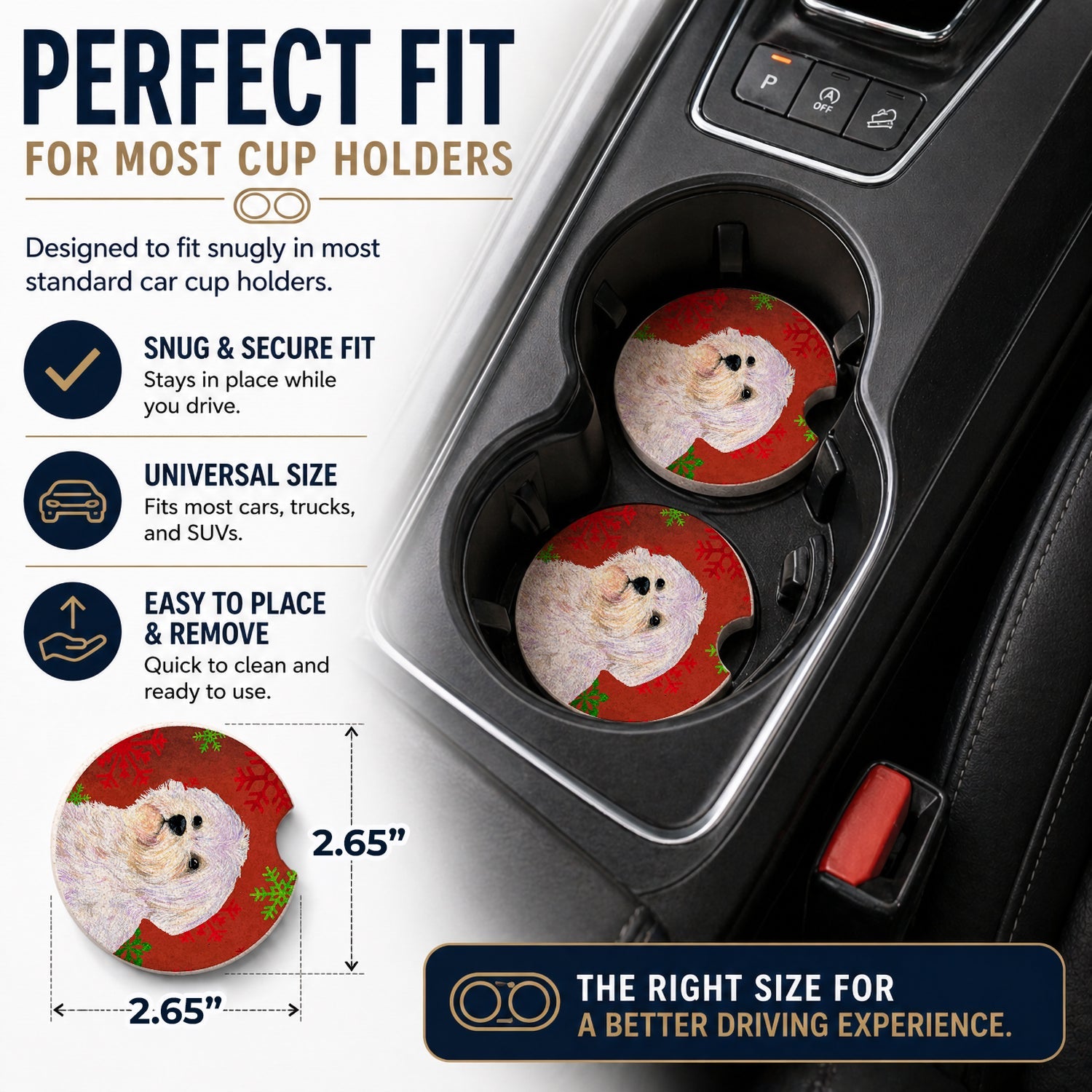 Maltese Red and Green Snowflakes Holiday Christmas Set of 2 Cup Holder Car Coasters Absorbent Round Sandstone Coasters Gifts for Men or Women, 2.5, Multicolor