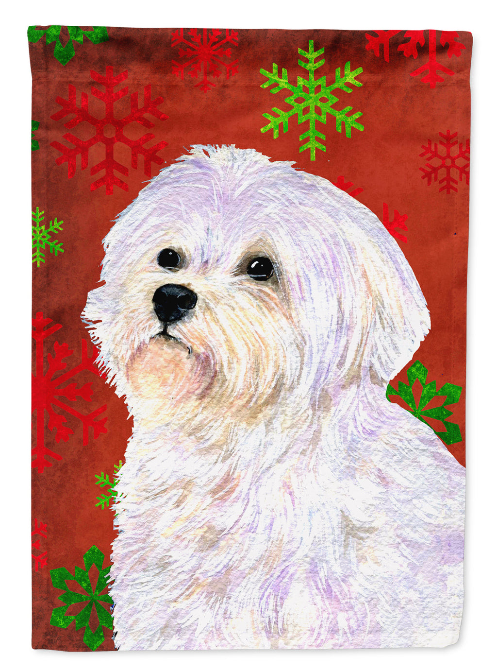 Maltese Red and Green Snowflakes Holiday Christmas House Flag 28x40 Porch Sleeve Pole Decorative Outside Yard Banner Artwork Wall Hanging, Polyester