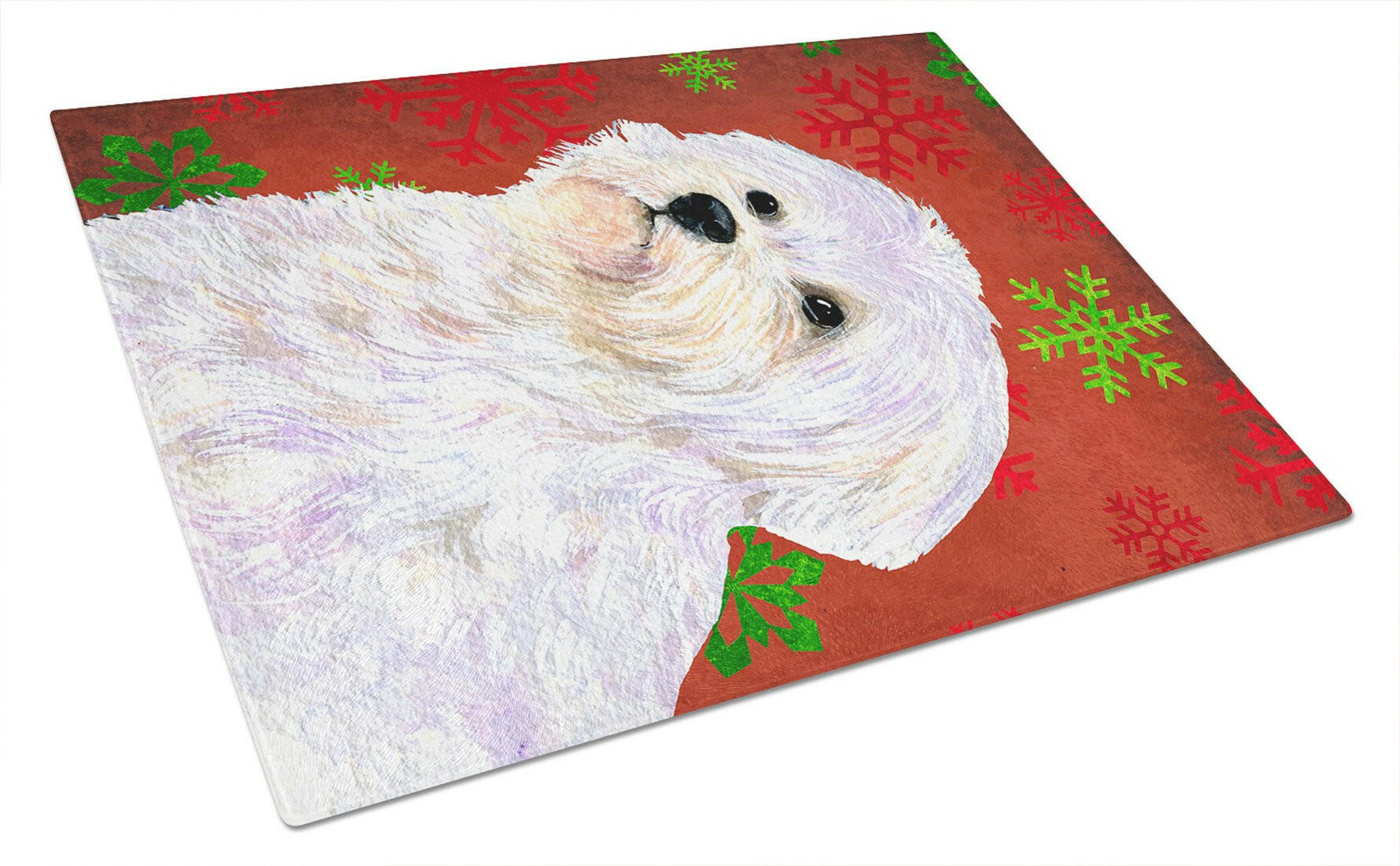 Maltese Red and Green Snowflakes Holiday Christmas Cutting Board Tempered Glass Kitchen Cutting Surface, Heat Resistant Chopping, Non-Slip Feet, Food Prep & Serving