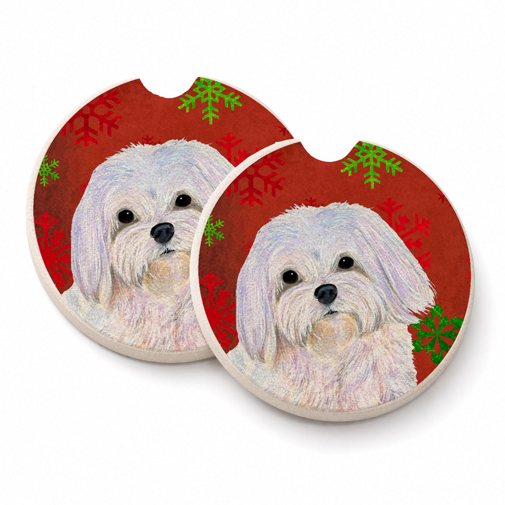Maltese Red and Green Snowflakes Holiday Christmas Set of 2 Cup Holder Car Coasters Absorbent Round Sandstone Coasters Gifts for Men or Women, 2.5, Multicolor
