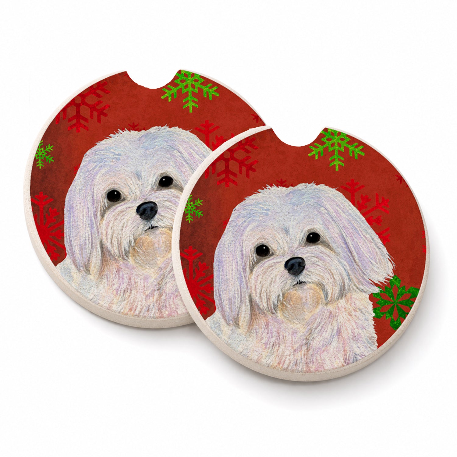Maltese Red and Green Snowflakes Holiday Christmas Set of 2 Cup Holder Car Coasters Absorbent Round Sandstone Coasters Gifts for Men or Women, 2.5, Multicolor