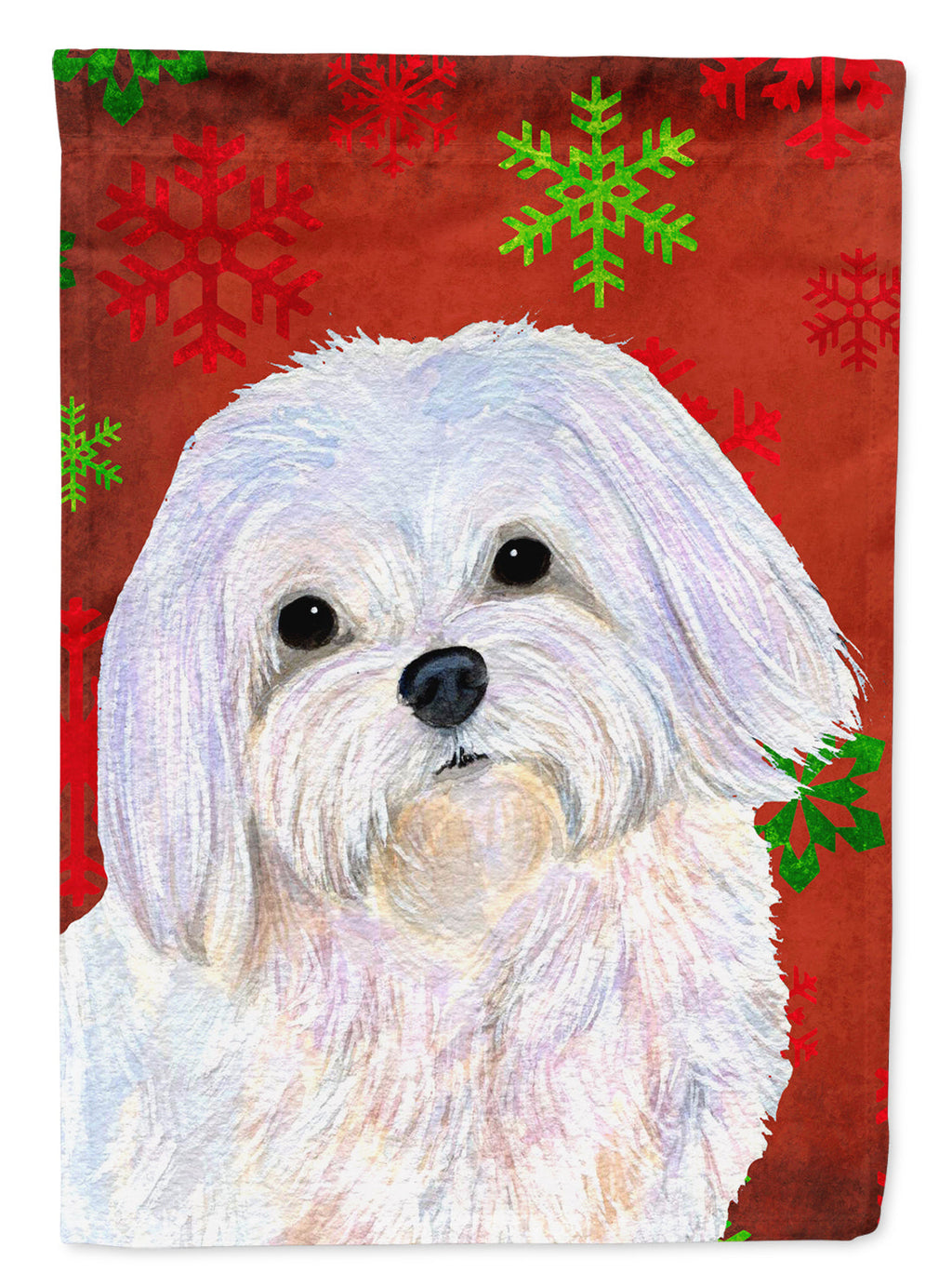 Maltese Red and Green Snowflakes Holiday Christmas House Flag 28x40 Porch Sleeve Pole Decorative Outside Yard Banner Artwork Wall Hanging, Polyester