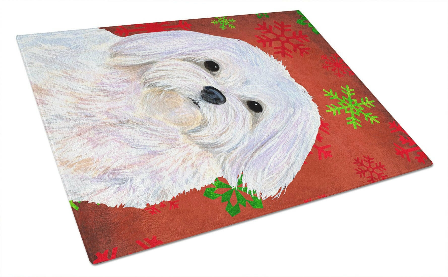 Maltese Red and Green Snowflakes Holiday Christmas Cutting Board Tempered Glass Kitchen Cutting Surface, Heat Resistant Chopping, Non-Slip Feet, Food Prep & Serving