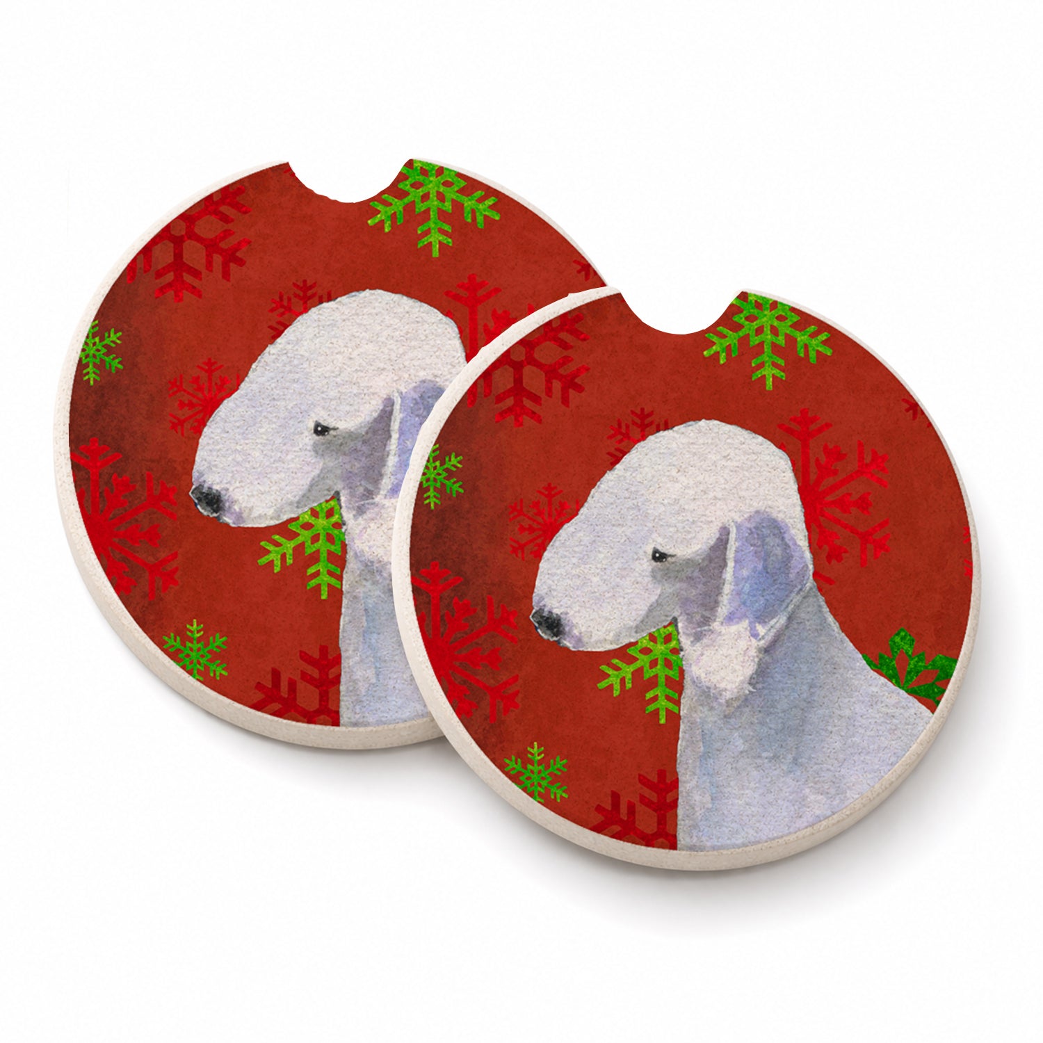 Bedlington Terrier Red and Green Snowflakes Holiday Christmas Set of 2 Cup Holder Car Coasters Absorbent Round Sandstone Coasters Gifts for Men or Women, 2.5, Multicolor