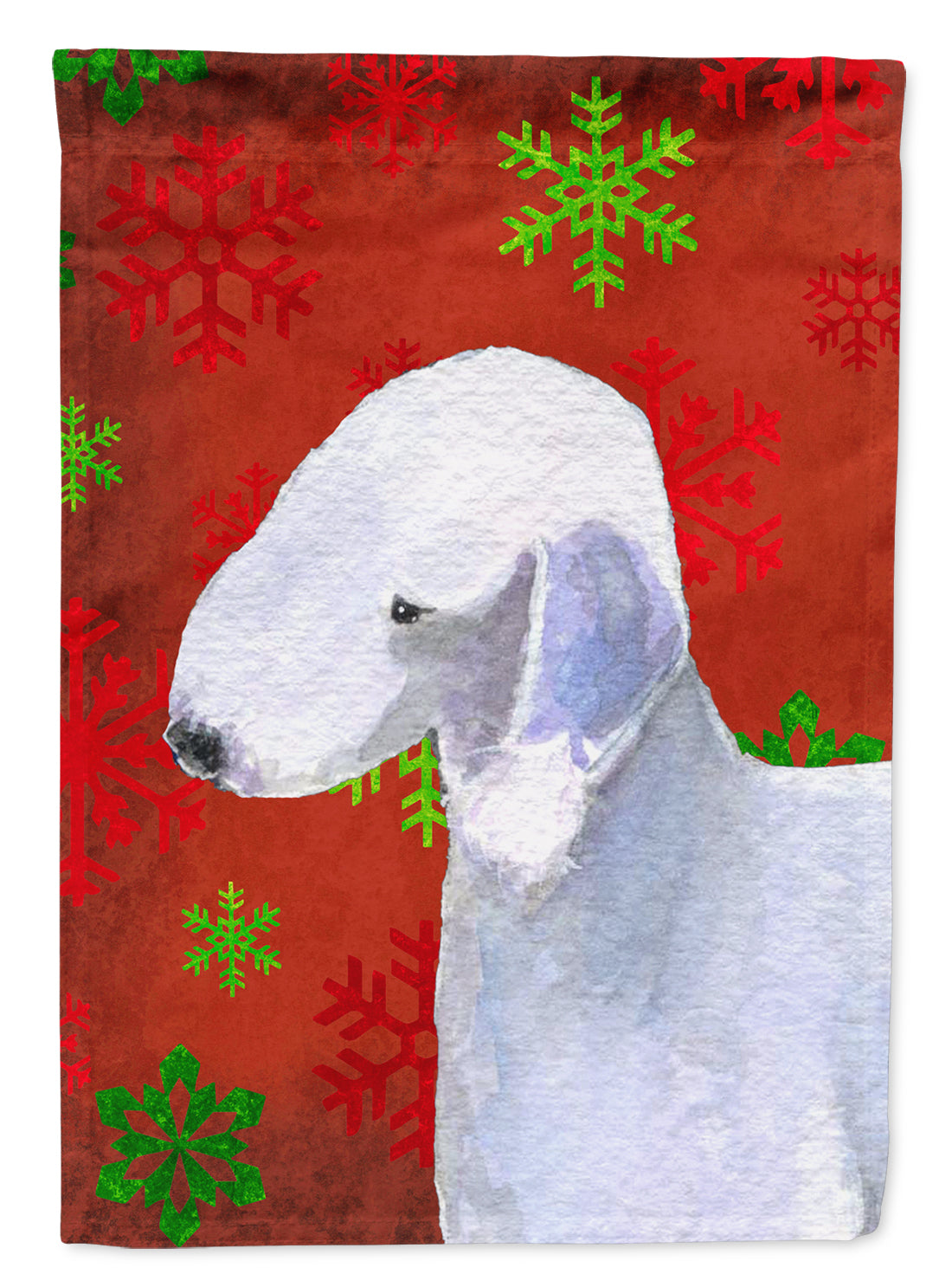 Bedlington Terrier Red and Green Snowflakes Holiday Christmas House Flag 28x40 Porch Sleeve Pole Decorative Outside Yard Banner Artwork Wall Hanging, Polyester