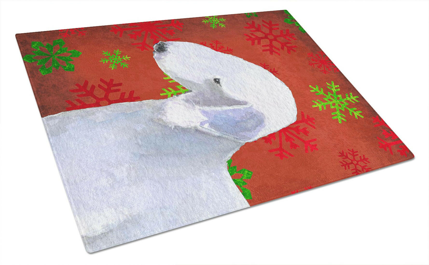 Bedlington Terrier Red and Green Snowflakes Holiday Christmas Cutting Board Tempered Glass Kitchen Cutting Surface, Heat Resistant Chopping, Non-Slip Feet, Food Prep & Serving