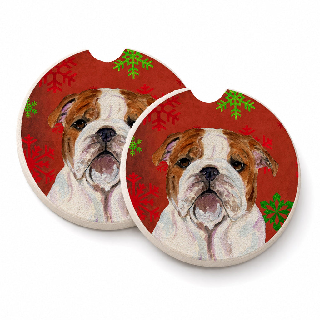 Bulldog English Red and Green Snowflakes Holiday Christmas Set of 2 Cup Holder Car Coasters Absorbent Round Sandstone Coasters Gifts for Men or Women, 2.5, Multicolor