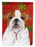 Bulldog English Red and Green Snowflakes Holiday Christmas House Flag 28x40 Porch Sleeve Pole Decorative Outside Yard Banner Artwork Wall Hanging, Polyester