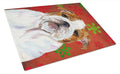 Bulldog English Red and Green Snowflakes Holiday Christmas Cutting Board Tempered Glass Kitchen Cutting Surface, Heat Resistant Chopping, Non-Slip Feet, Food Prep & Serving