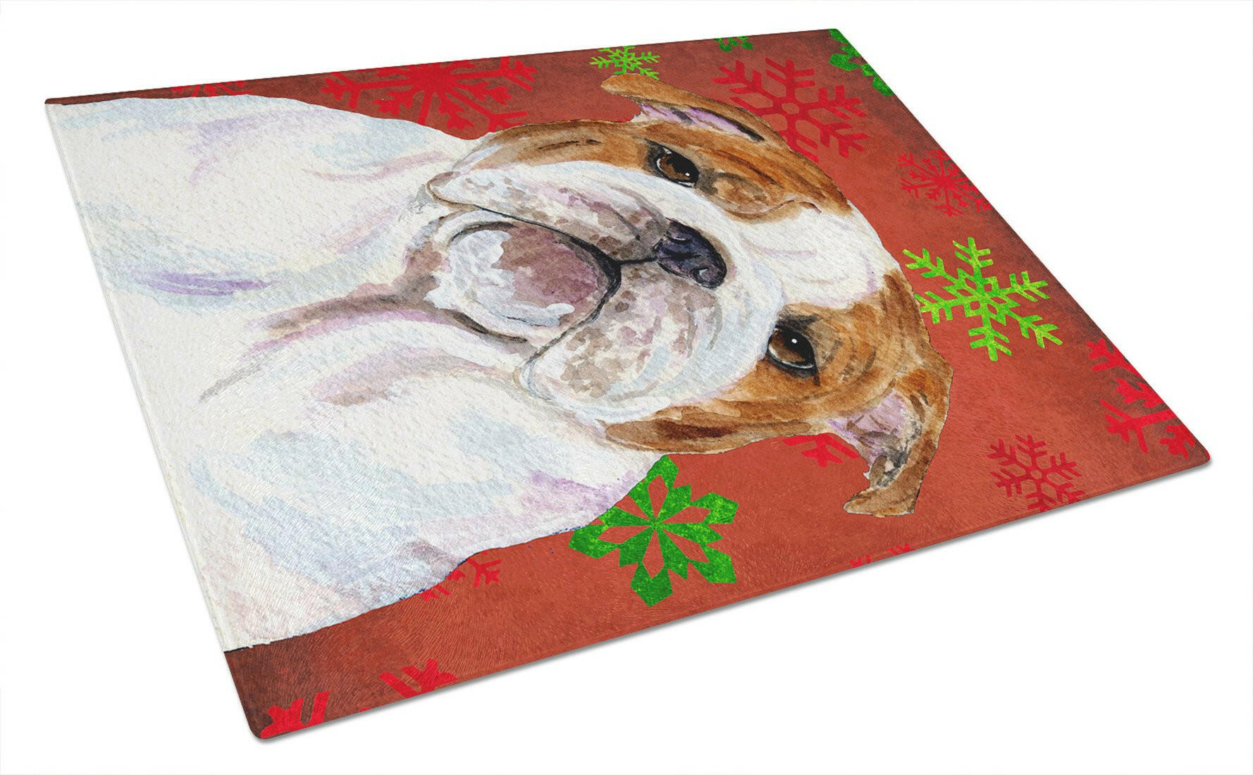 Bulldog English Red and Green Snowflakes Holiday Christmas Cutting Board Tempered Glass Kitchen Cutting Surface, Heat Resistant Chopping, Non-Slip Feet, Food Prep & Serving