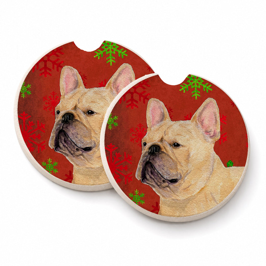French Bulldog Red and Green Snowflakes Holiday Christmas Set of 2 Cup Holder Car Coasters Absorbent Round Sandstone Coasters Gifts for Men or Women, 2.5, Multicolor