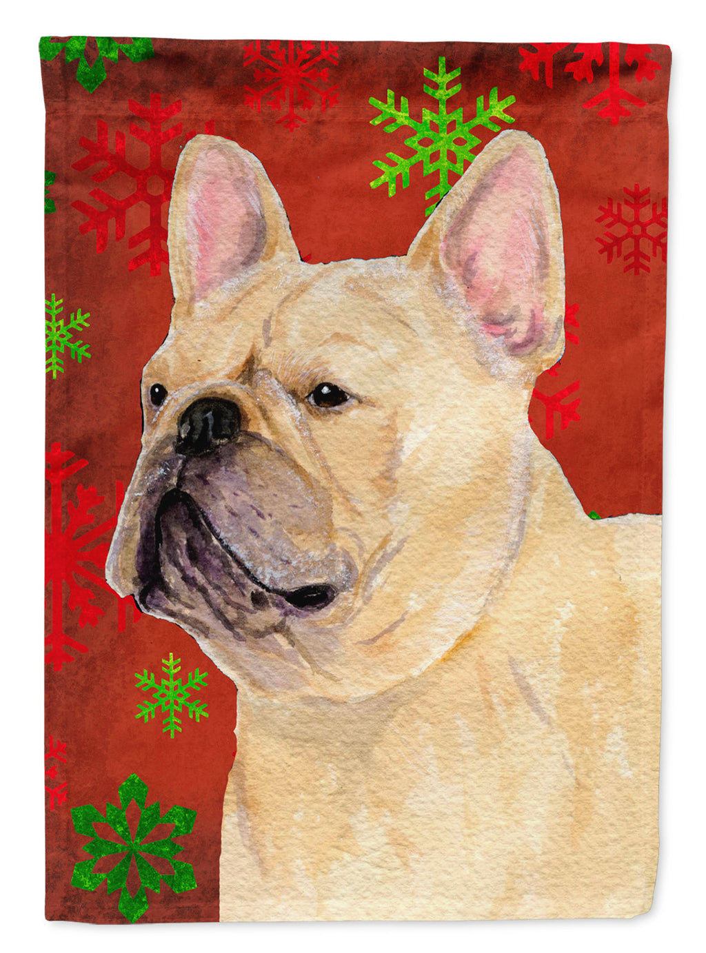 French Bulldog Red and Green Snowflakes Holiday Christmas House Flag 28x40 Porch Sleeve Pole Decorative Outside Yard Banner Artwork Wall Hanging, Polyester