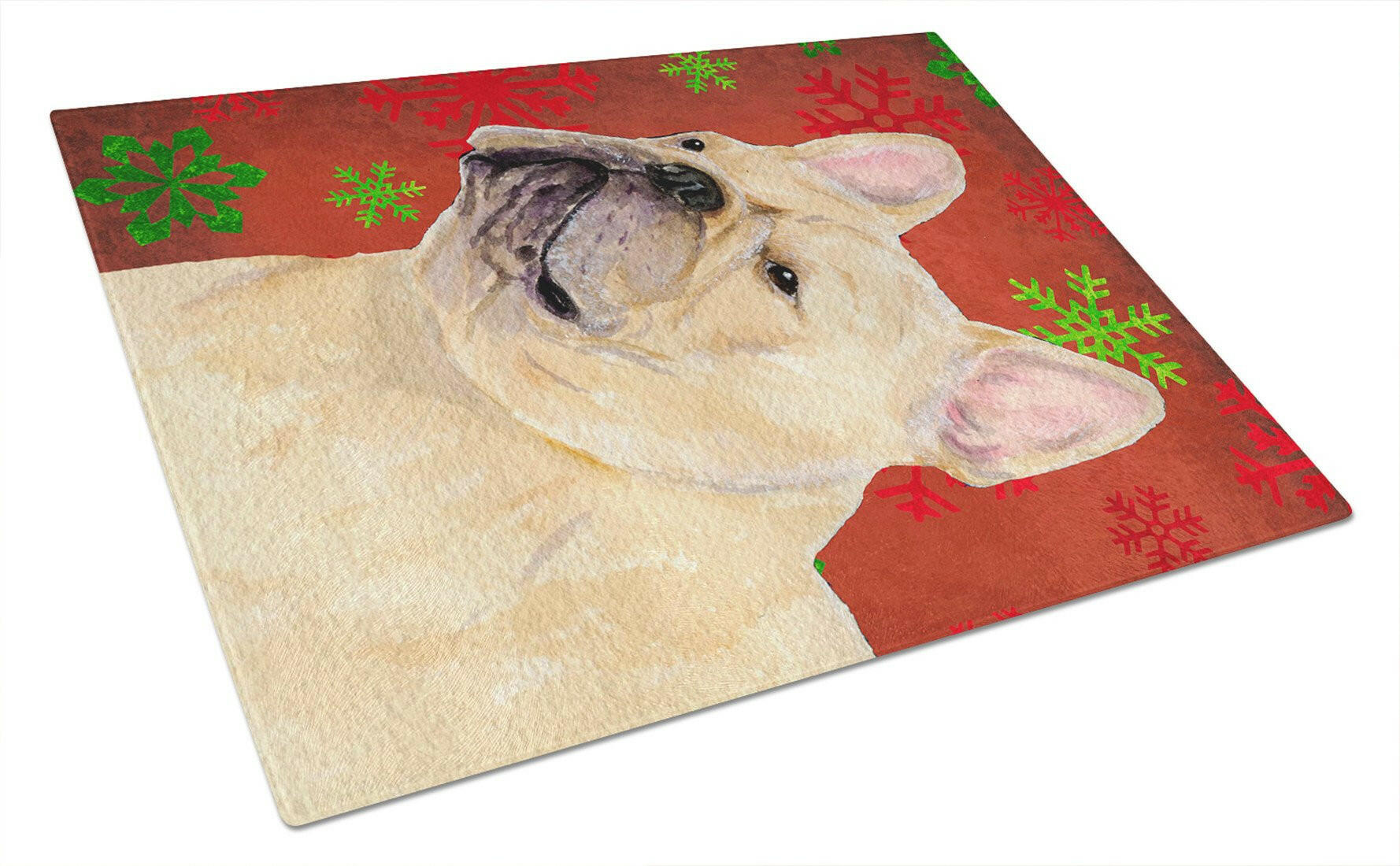 French Bulldog Red and Green Snowflakes Holiday Christmas Cutting Board Tempered Glass Kitchen Cutting Surface, Heat Resistant Chopping, Non-Slip Feet, Food Prep & Serving