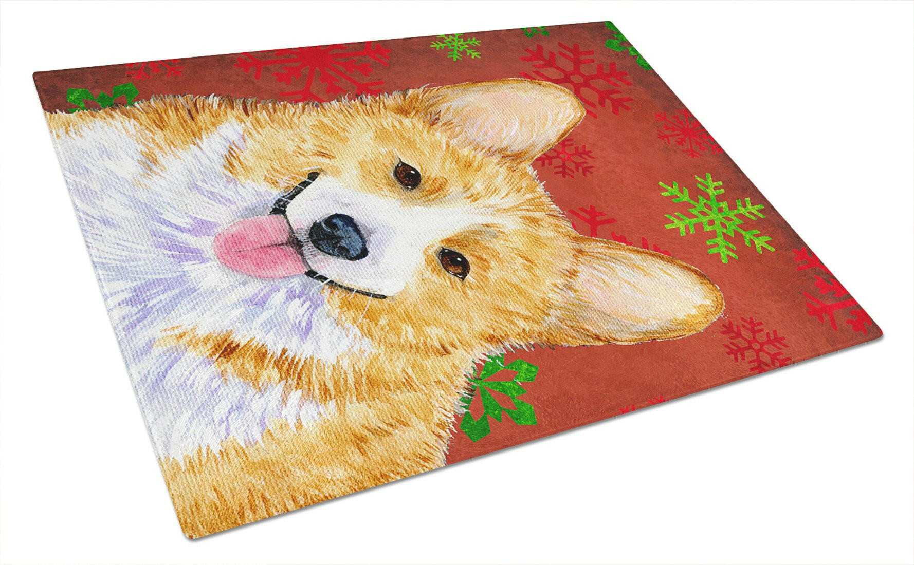 Corgi Red and Green Snowflakes Holiday Christmas Cutting Board Tempered Glass Kitchen Cutting Surface, Heat Resistant Chopping, Non-Slip Feet, Food Prep & Serving