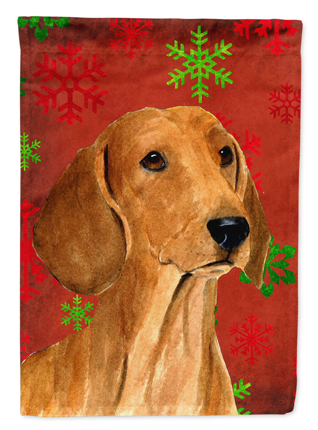 Dachshund Red and Green Snowflakes Holiday Christmas House Flag 28x40 Porch Sleeve Pole Decorative Outside Yard Banner Artwork Wall Hanging, Polyester