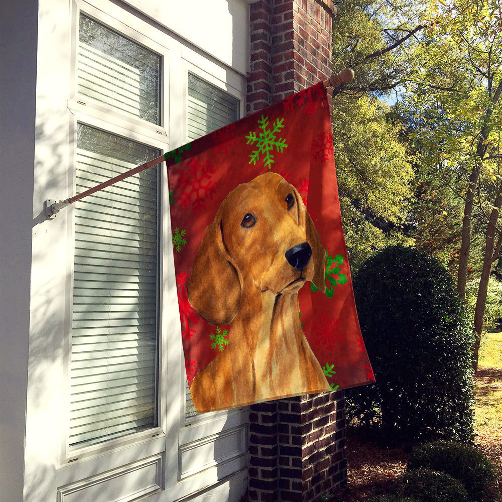 Dachshund Red and Green Snowflakes Holiday Christmas House Flag 28x40 Porch Sleeve Pole Decorative Outside Yard Banner Artwork Wall Hanging, Polyester