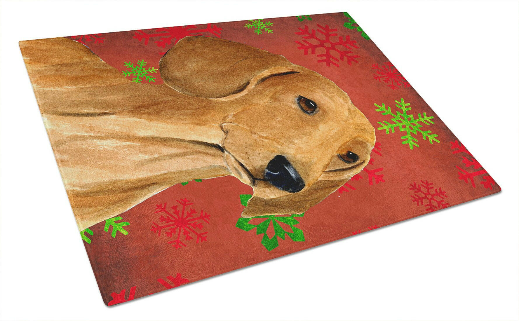 Dachshund Red and Green Snowflakes Holiday Christmas Cutting Board Tempered Glass Kitchen Cutting Surface, Heat Resistant Chopping, Non-Slip Feet, Food Prep & Serving