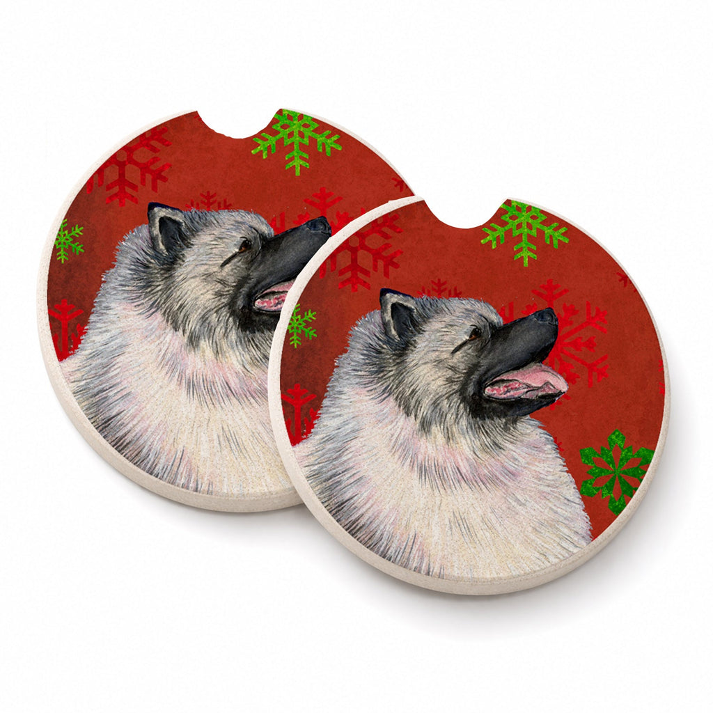 Keeshond Red and Green Snowflakes Holiday Christmas Set of 2 Cup Holder Car Coasters Absorbent Round Sandstone Coasters Gifts for Men or Women, 2.5, Multicolor
