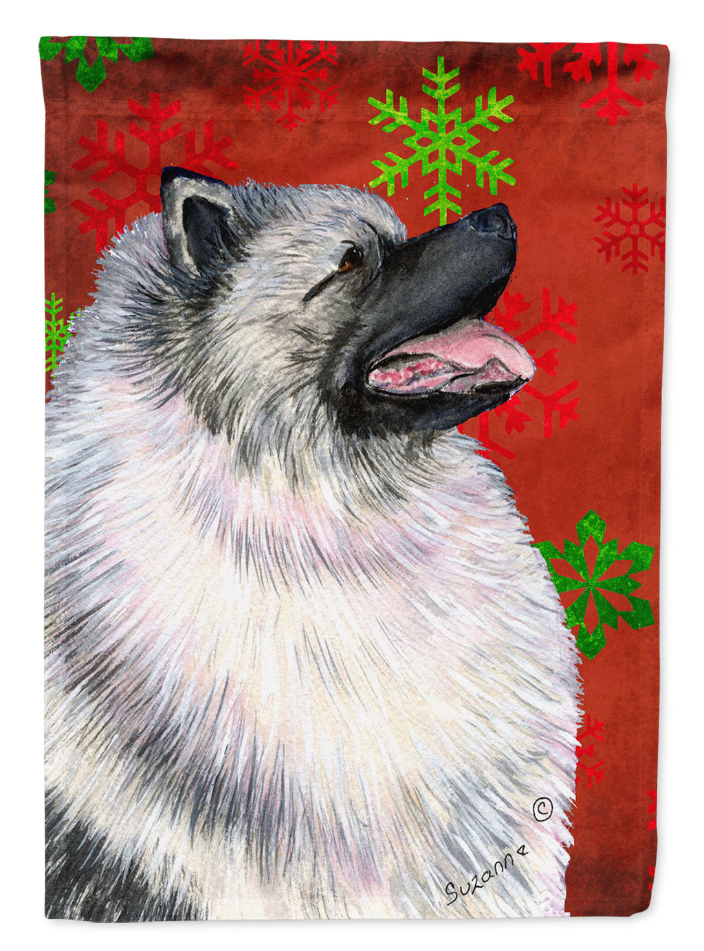 Keeshond Red and Green Snowflakes Holiday Christmas House Flag 28x40 Porch Sleeve Pole Decorative Outside Yard Banner Artwork Wall Hanging, Polyester
