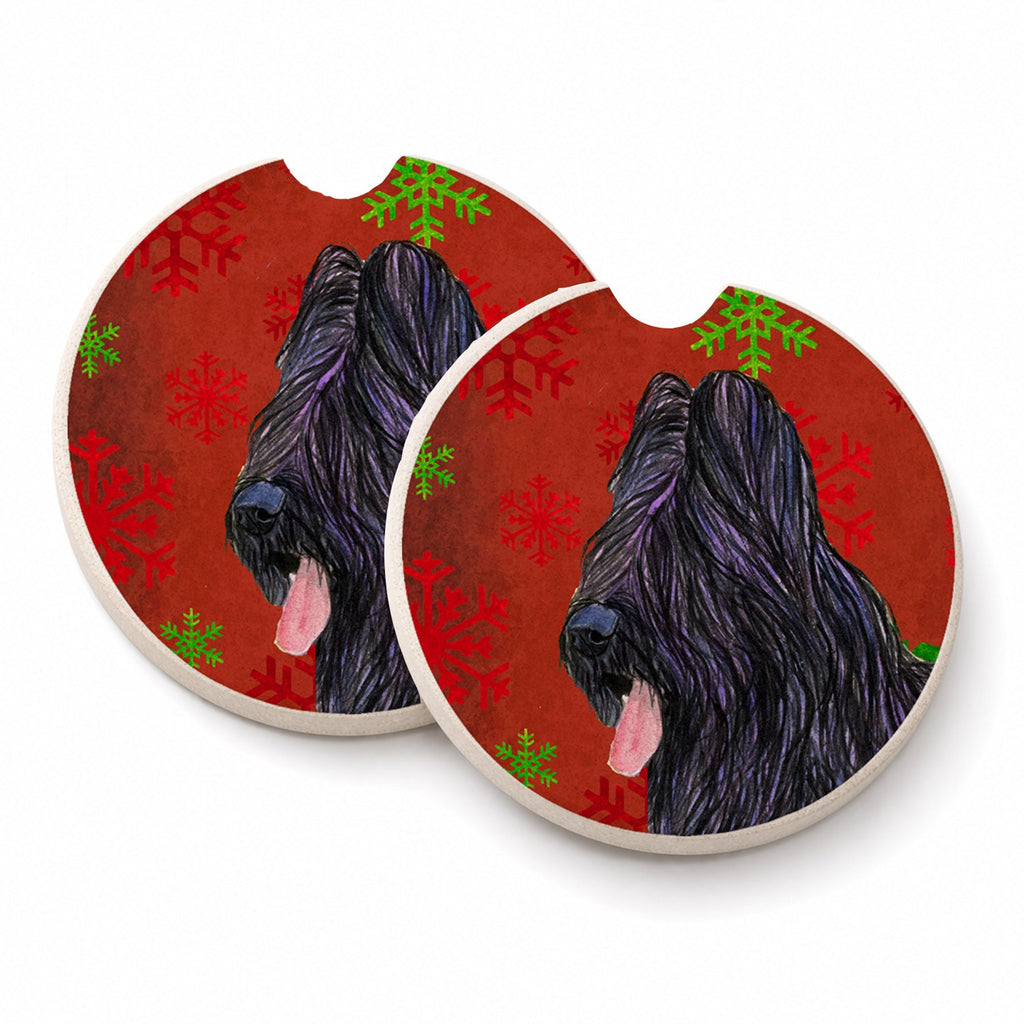 Briard Red and Green Snowflakes Holiday Christmas Set of 2 Cup Holder Car Coasters Absorbent Round Sandstone Coasters Gifts for Men or Women, 2.5, Multicolor