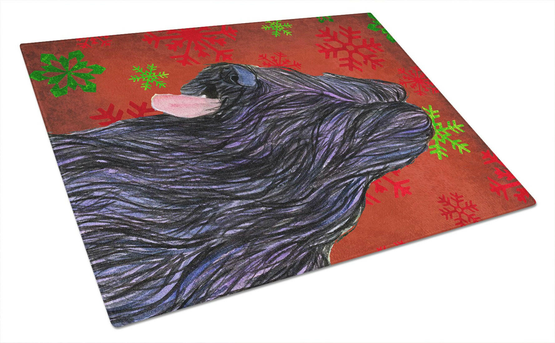 Briard Red and Green Snowflakes Holiday Christmas Cutting Board Tempered Glass Kitchen Cutting Surface, Heat Resistant Chopping, Non-Slip Feet, Food Prep & Serving