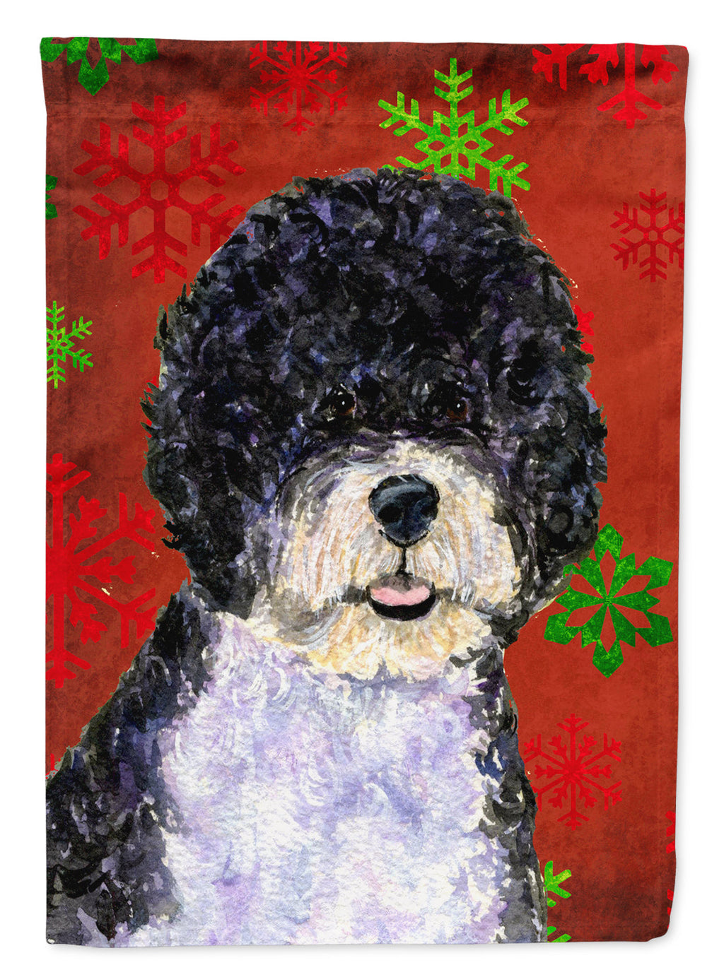 Portuguese Water Dog Red Green Snowflake Christmas House Flag 28x40 Porch Sleeve Pole Decorative Outside Yard Banner Artwork Wall Hanging, Polyester