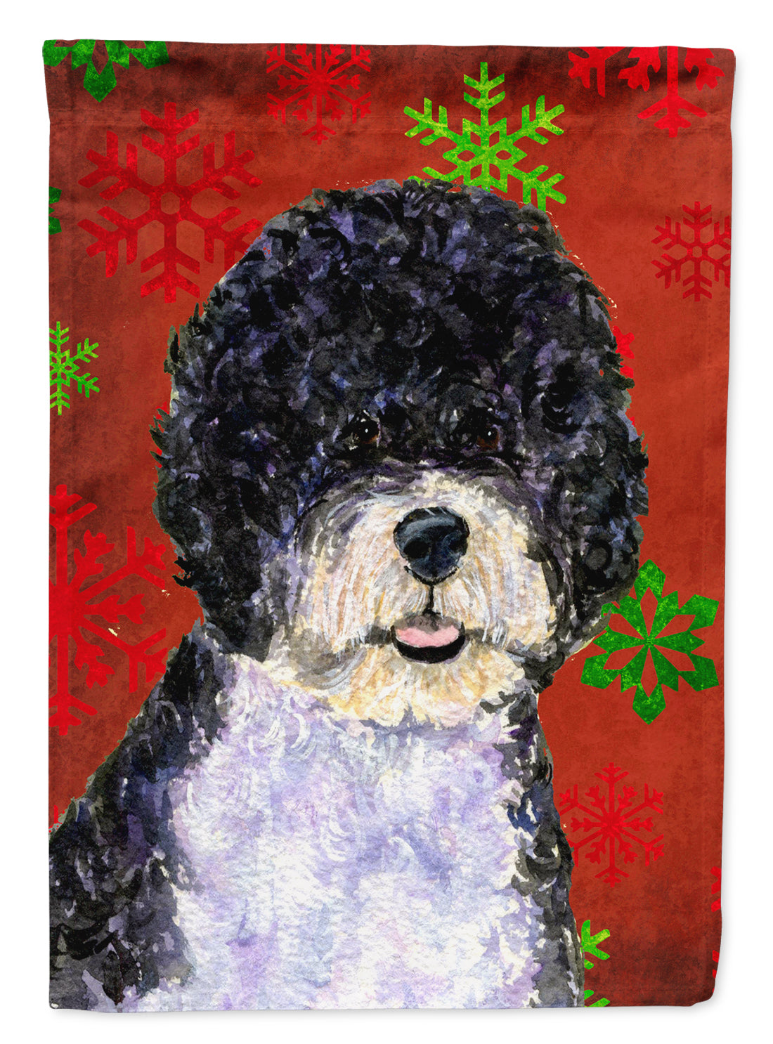 Portuguese Water Dog Red Green Snowflake Christmas House Flag 28x40 Porch Sleeve Pole Decorative Outside Yard Banner Artwork Wall Hanging, Polyester