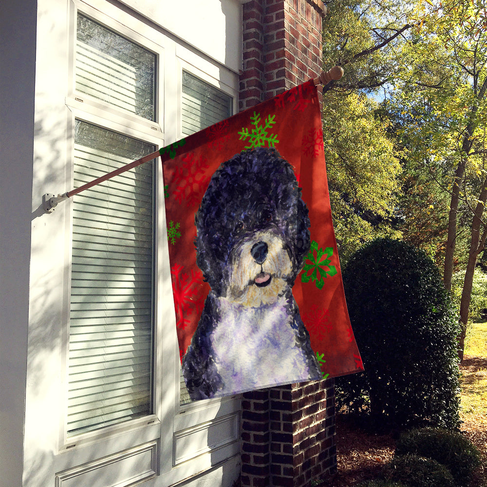 Portuguese Water Dog Red Green Snowflake Christmas House Flag 28x40 Porch Sleeve Pole Decorative Outside Yard Banner Artwork Wall Hanging, Polyester