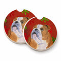 Bulldog English Red and Green Snowflakes Holiday Christmas Set of 2 Cup Holder Car Coasters Absorbent Round Sandstone Coasters Gifts for Men or Women, 2.5, Multicolor