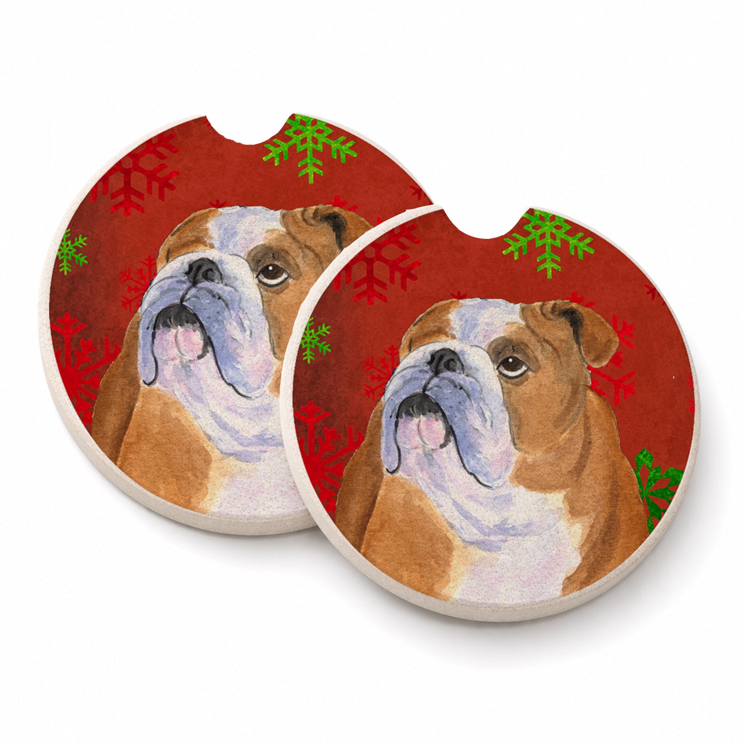 Bulldog English Red and Green Snowflakes Holiday Christmas Set of 2 Cup Holder Car Coasters Absorbent Round Sandstone Coasters Gifts for Men or Women, 2.5, Multicolor