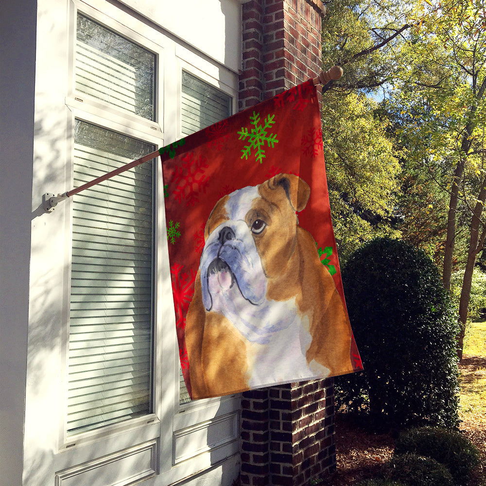Bulldog English Red and Green Snowflakes Holiday Christmas House Flag 28x40 Porch Sleeve Pole Decorative Outside Yard Banner Artwork Wall Hanging, Polyester