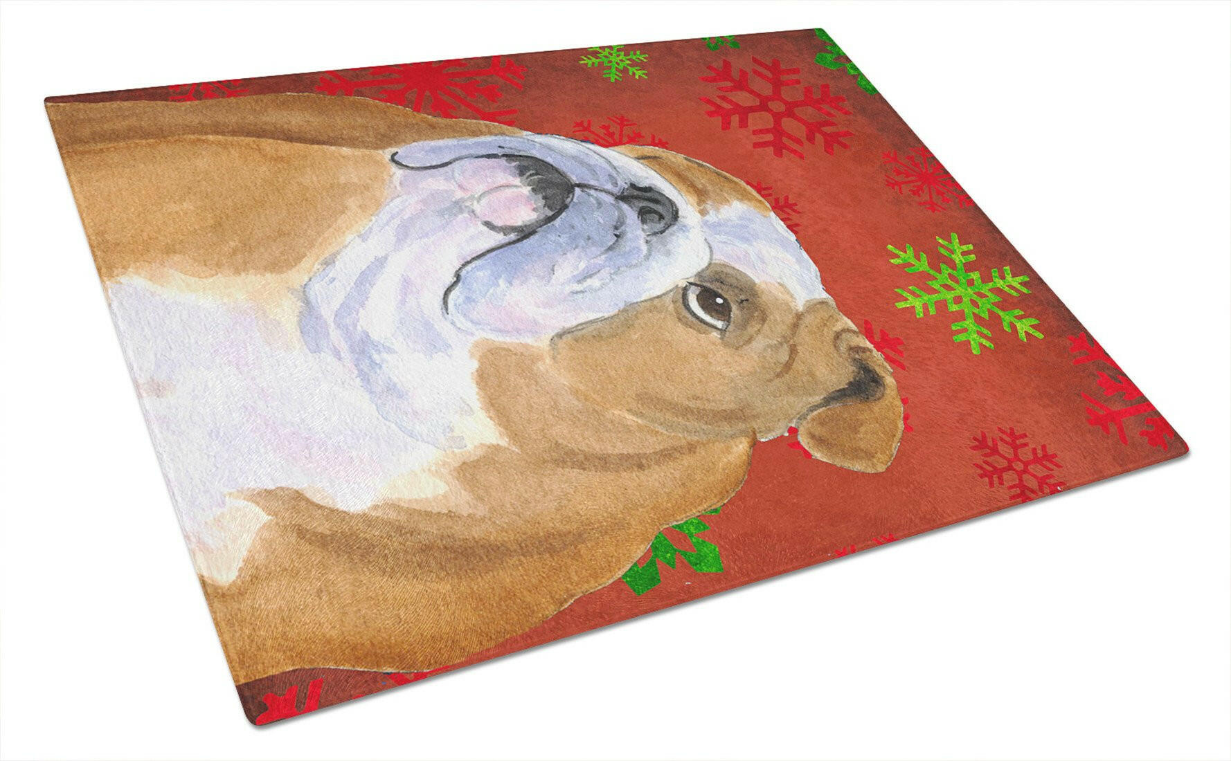 Bulldog English Red and Green Snowflakes Holiday Christmas Cutting Board Tempered Glass Kitchen Cutting Surface, Heat Resistant Chopping, Non-Slip Feet, Food Prep & Serving