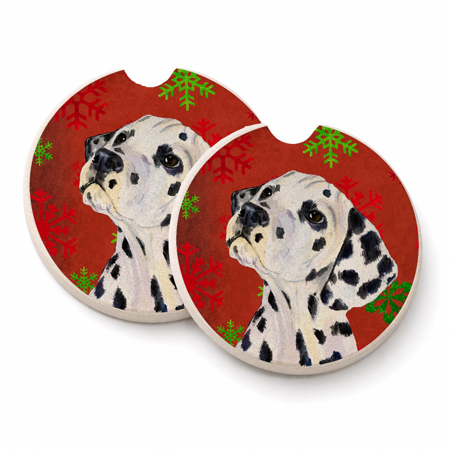Dalmatian Red and Green Snowflakes Holiday Christmas Set of 2 Cup Holder Car Coasters Absorbent Round Sandstone Coasters Gifts for Men or Women, 2.5, Multicolor