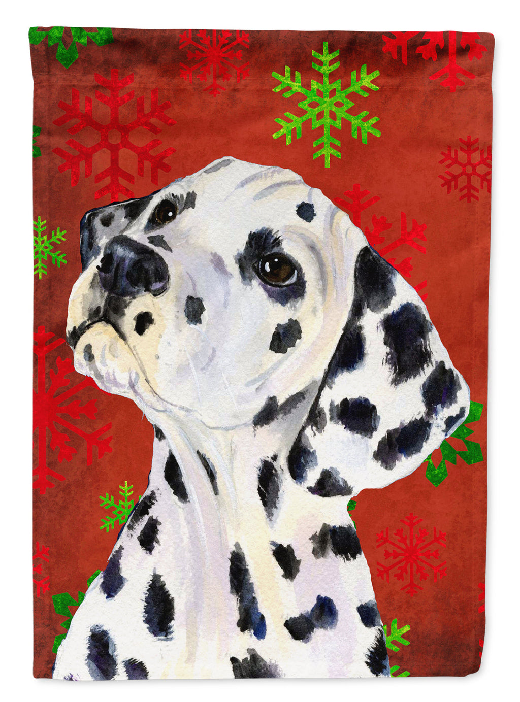Dalmatian Red and Green Snowflakes Holiday Christmas House Flag 28x40 Porch Sleeve Pole Decorative Outside Yard Banner Artwork Wall Hanging, Polyester